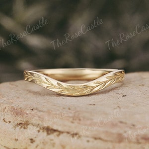 2MM Full Eternity Nature Inspired Leaf Wedding Band Solid Gold Leaf Vine Curved Stacking Wedding Band Promise Anniversary Ring For Women