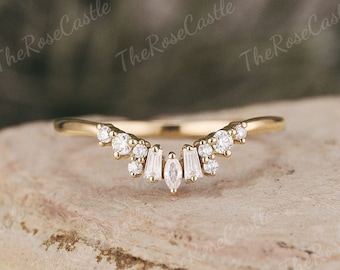 Art Deco Baguette Cut Moissanite Wedding Band Solid Gold Moissanite Curved Wedding Ring Stacking Matching Moissanite Rings For Women