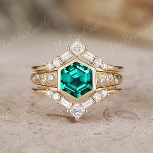 Hexagon Cut Emerald Engagement Ring Set Solid Gold Baguette Cut Moissanite Double Curved Wedding Band Ring Enhancer Emerald Ring Set