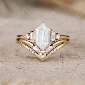 Hexagon Cut Moissanite Engagement Ring Set  Unique Yellow Gold Moissanite Curved Wedding Band Stacking Matching Promise Bridal Ring Set