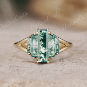 Anillo de compromiso único de ágata de musgo de corte baguette, anillo de boda de piedra preciosa verde de oro amarillo, anillo de boda de ágata de musgo, anillo de aniversario