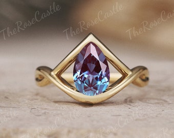 Vintage Alexandrite Engagement Ring Solid Gold Rings Unique Alexandrite Ring Half Bezel Ring Art Deco Twist Ring Anniversary Gifts For Her