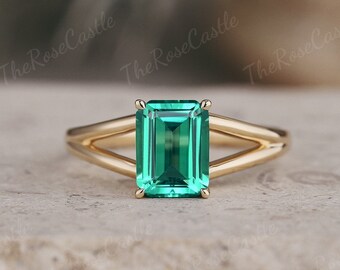 Unique emerald engagement ring emerald cut ring solitaire ring yellow gold vintage ring custom wedding ring art deco promise gift for women