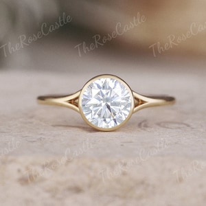 Unique Round Moissanite Engagement Ring Solid Gold Rings Art deco Moissanite Bezel Ring Minimalist Moissanite Ring Anniversary Gifts For Her