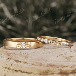 Leaf Couple Ring Set Unique Solid Gold Plain Wedding band His and Hers Engraved bands Nature inspired ring set for Couple Anniversary ring