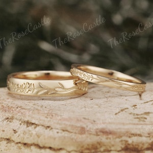 2pcs Leaf Engraving Coupe Ring Set Solid Gold Nature Inspired Leaf Couple Rings Set Wedding Ring Set For Men and Women Mens Wedding Band