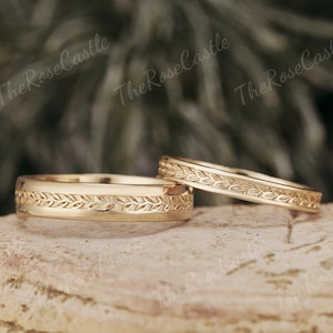 2 stuks natuurlijk geïnspireerd blad paar ringen set voor mannen en vrouwen massief gouden trouwring set stel trouwring set jubileum cadeau voor hem
