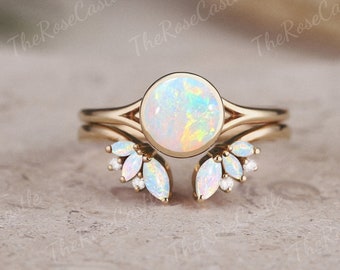 Round Opal Engagement Ring Set, Art Deco Moissanite Diamond Bridal Set