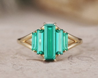 Anillo de compromiso esmeralda vintage Baguette corte anillo esmeralda Art Deco Cluster Ring anillo único regalos de aniversario anillos de oro personalizados para las mujeres