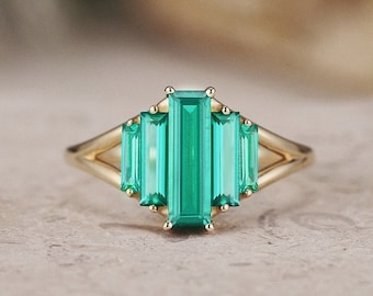 Vintage Emerald Engagement Ring Baguette cut Emerald Ring Art Deco Cluster Ring Unique Ring Anniversary Gifts Custom Gold Rings For Women