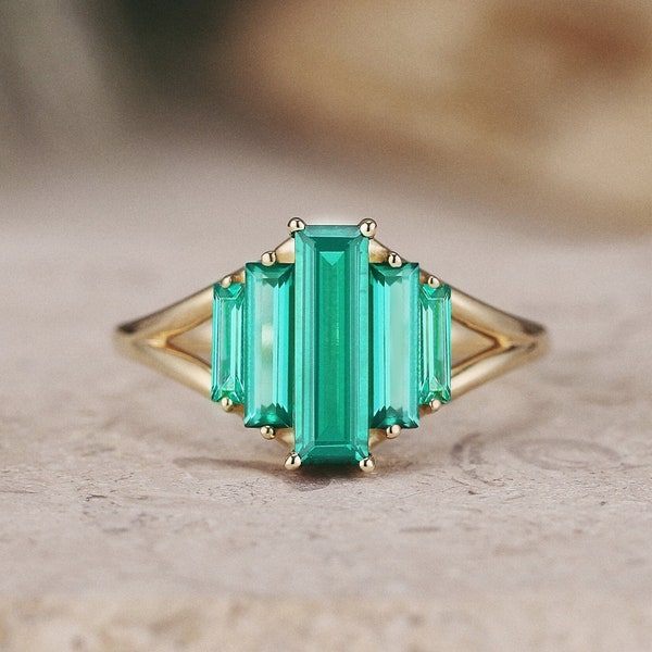 Vintage Emerald Engagement Ring Baguette cut Emerald Ring Art Deco Cluster Ring Unique Ring Anniversary Gifts Custom Gold Rings For Women