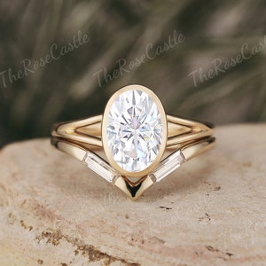 Unique Oval Cut Bezel Moissanite Engagement Ring Set Solid Gold Moissanite Wedding Ring Bezel Setting Moissanite Ring Set Gift For Her
