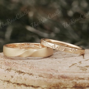 Leaf Design Couple Rings Solid Gold 2pcs Nature Inspired Wedding Ring Set Unique Couple Wedding Band Anniversary Rings For Men And Women