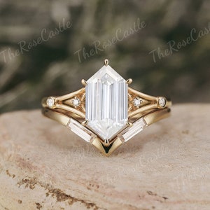 Unique Hexagon Cut Moissanite Engagement Ring Set Solid Gold Baguette Cut Wedding Band Promise Bridal Ring Set Anniversary Gift For Her