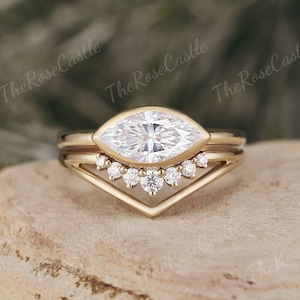Einzigartige East West Marquise Moissanite Verlobungsring Set Massivgold Moissanite Gebogener Ehering Art Deco Lünette Einstellung Ringe für Frauen
