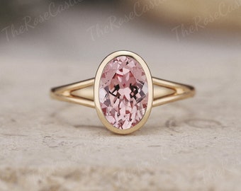 Oval Cut Peach Sapphire Engagement Ring Unique Sapphire Ring Bezel Gold Rings Solitaire Wedding Ring Art Deco Minimalist Ring Promise Gifts