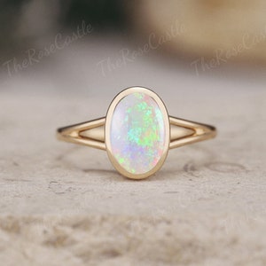 Unique Opal Engagement Ring Solid Gold Rings Art Deco Bezel Set Ring Vintage Oval cut Rainbow Opal Ring Minimalist Wedding Rings For Women