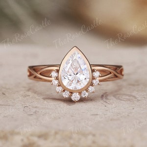 Unique Teardrop Moissanite Engagement Ring Bezel Set Ring Art Deco Moissanite Ring Cluster Ring Rose Gold Rings Anniversary Gifts For Women