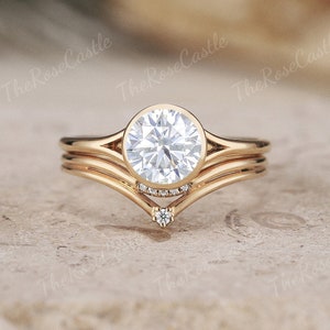 Unique Bezel Set  Moissanite Engagement Ring Set Solid Gold Moissanite Curved Wedding Band Bezel Setting Moissanite Ring Set Gift For Her