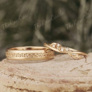 2pcs Leaf Couples Ring Set For Men And Women Yellow Gold Leaf Moissanite Wedding Band Leaf Ring For Men Wedding Band Promise Rings For Women