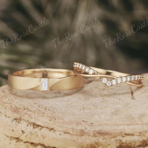 Juego de 2 anillos de pareja de moissanita de oro macizo para hombre, anillo de boda curvo de moissanita, juego de anillos de pareja para hombres y mujeres, regalo para él