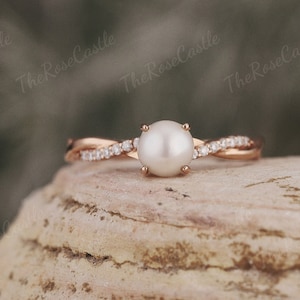 Unique Akoya Pearl engagement ring Rose gold bridal ring dainty moissanite ring Twist wedding ring Art deco June birthstone gift for women