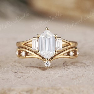 Hexagon Cut Moissanite Engagement Ring Set Solid Gold Moissanite Curved Wedding Band Matching Matching Ring Set Moissanite Bridal Ring Set