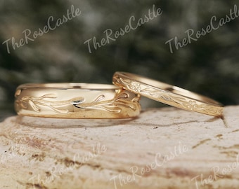 Anillos de pareja con grabado de hojas, oro macizo, 2 piezas, inspirados en la naturaleza, juego de anillos de boda para pareja, anillos de aniversario para hombre y mujer.