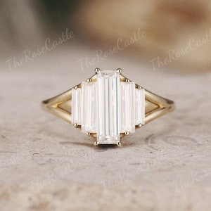 Unique Moissanite Engagement Ring Baguette Ring Art Deco Moissanite Cluster Ring Vintage Wedding Ring Gold Rings Personalized Gift For Her