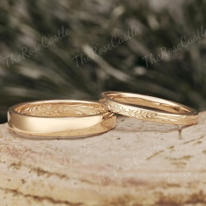 Couple Wedding Ring Set 2pcs Couple Rings Set Leaf Branch Mens Wedding Band Solid Gold Leaf Wedding Band For Men and Women Gift For Him
