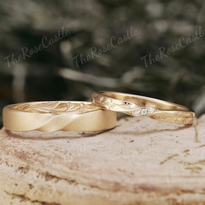 2ST Moissanit Paar Ring Blatt Gravur Herren Ehering Solid Gold Paar Hochzeit Band Jahrestag Ringe Für personalisierte Geschenk