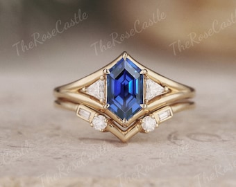 Unique Cornflower Sapphire Engagement Ring Set Solid Gold Moissanite Cluster Ring Vintage Hexagon Sapphire Bridal Set Art Deco Gifts For Her