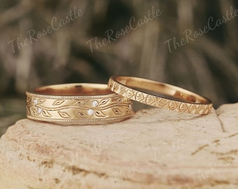 Conjunto de anéis de casal com gravação de folhas, alianças de casamento em moissanita, joias botânicas em prata de lei
