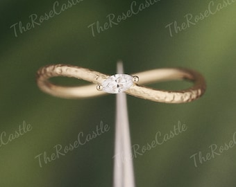 Unique Moissanite Wedding Band 14K Solid Gold Ring Hammered Ring Mens Women Thin Gold Hammered Ring Simple Stacking Ring Couples Plain Bands