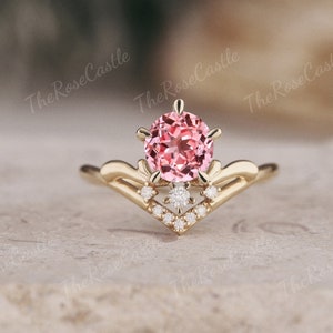 Anel de noivado redondo exclusivo de safira pêssego arte decoração anéis de ouro anel de safira rosa anel de moissanite vintage presentes de casamento personalizados para mulheres