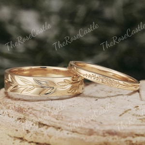 2stk Blatt gravierte Paar Ringe Set, Massivgold Natur inspiriert Hochzeit Band Set, benutzerdefinierte Versprechen Jahrestag Ringe für Männer und Frauen