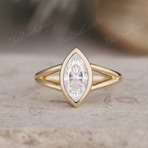 Minimalist marquise moissanite engagement ring bezel ring yellow gold solitaire ring art deco unique wedding ring anniversary gift for her
