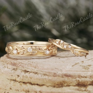 2pcs Leaf Couple Rings Set For Men and Women, Nature Inspired Men Wedding Band, Solid Gold Moissanite Couple Ring set, Wedding Ring Set