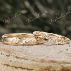 2 stücke Blatt Hochzeit Band Set Paar Ringe Set Für Männer und Frauen Natur Inspiriert Solid Gold Moissanite Paar Ring set Paar Hochzeit Ring Set