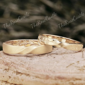 2stk Paar Ring Set Blatt Gravur Herren Ehering Solid Gold Natur Inspiriert Paar Hochzeit Band Set Versprechen Jahrestag Ringe für Ihn