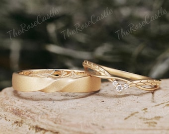2pcs Nature Inspired Leaf Couple Rings Set Solid Gold Mens Wedding Band Moissanite Curved Wedding Ring Couple Ring Set Anniversary Gift