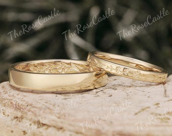 Water Lily Engraving Couple Ring Set, Nature Inspired Botanical Wedding Bands