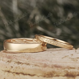 2pcs Nature Inspired Leaf Couple Rings Set For Men and Women, Men Wedding Band, Solid Gold Leaf Branch Couple Ring set, Wedding Ring Set