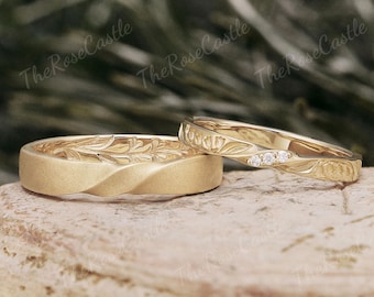 Lily of the Valley Engraved Gold Wedding Band Set, Moissanite Leaf Floral His and Hers Rings