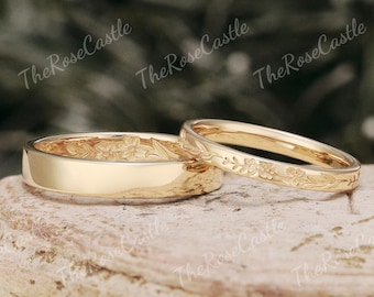 2pcs Floral Engraved Wedding Band Set, Solid Gold Matching Rings, His and Hers Engraved Wedding Bands, Birth Flower Couple Rings