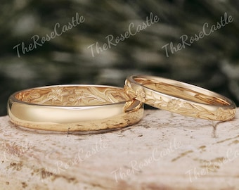 April Birth Flower Engraved Wedding Band Set, Solid Gold Couple Rings, Birth Flower His and Hers Rings
