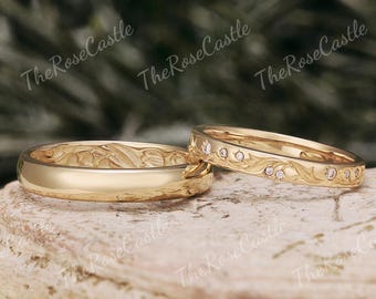 Lily Of The Valley Engraved Couple Rings Set, Solid Gold Moissanite Birth Flower Wedding Bands