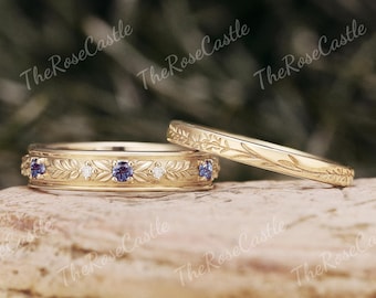 2pcs Leaf Wedding Band Set Nature Inspired Solid Gold Couple Ring Set For Men and Women Alexandrite His and Hers Ring By TheRoseCastle