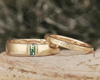 Moos Achat paar Ring Natur Inspiriert Blatt Herren Ehering passende Ring Vintage Solid Gold Paar Band Jubiläum Versprechen Ring Set