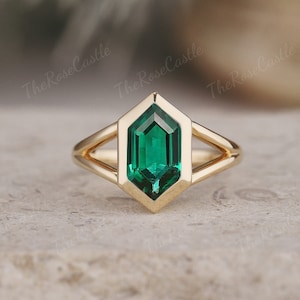 Unique  hexagon cut emerald engagement ring solitaire emerald ring Green gemstone minimalist ring yellow gold art deco promise gifts for her